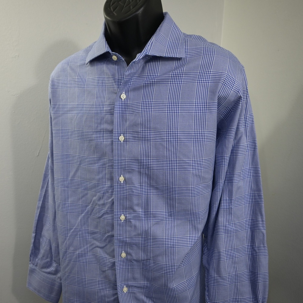 Brooks Brothers Button Up Mens 17.5-4/5 Regent Blue Check Non-Iron Cotton‎